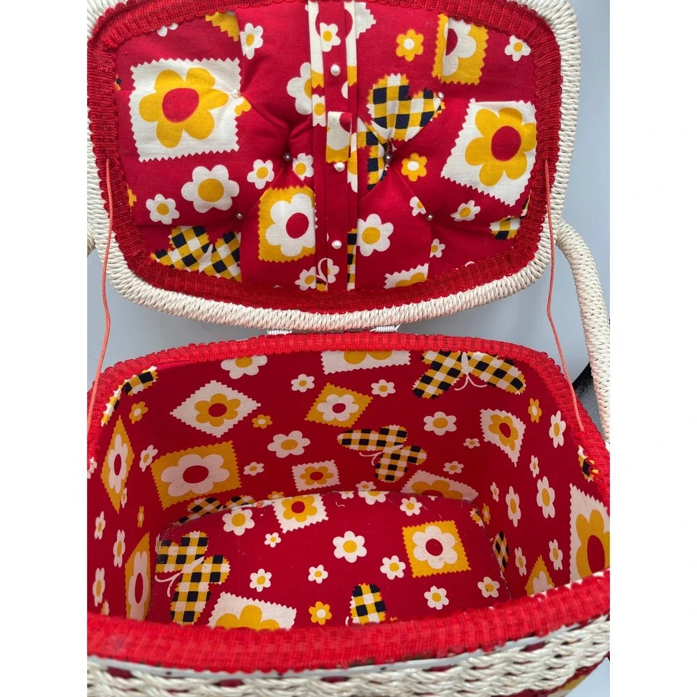 Vtg 70s Wicker Sewing Basket Retro Red Yellow Floral Mid Century Flower Power